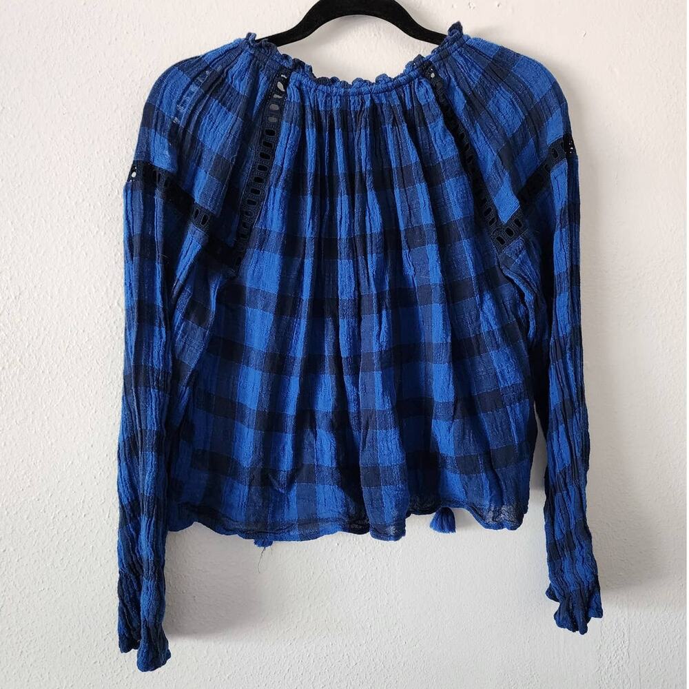 Free People Honey Grove Plaid Top Gauze Bell Sleeve Pleated Blouse in Black Blue - Picture 5 of 10